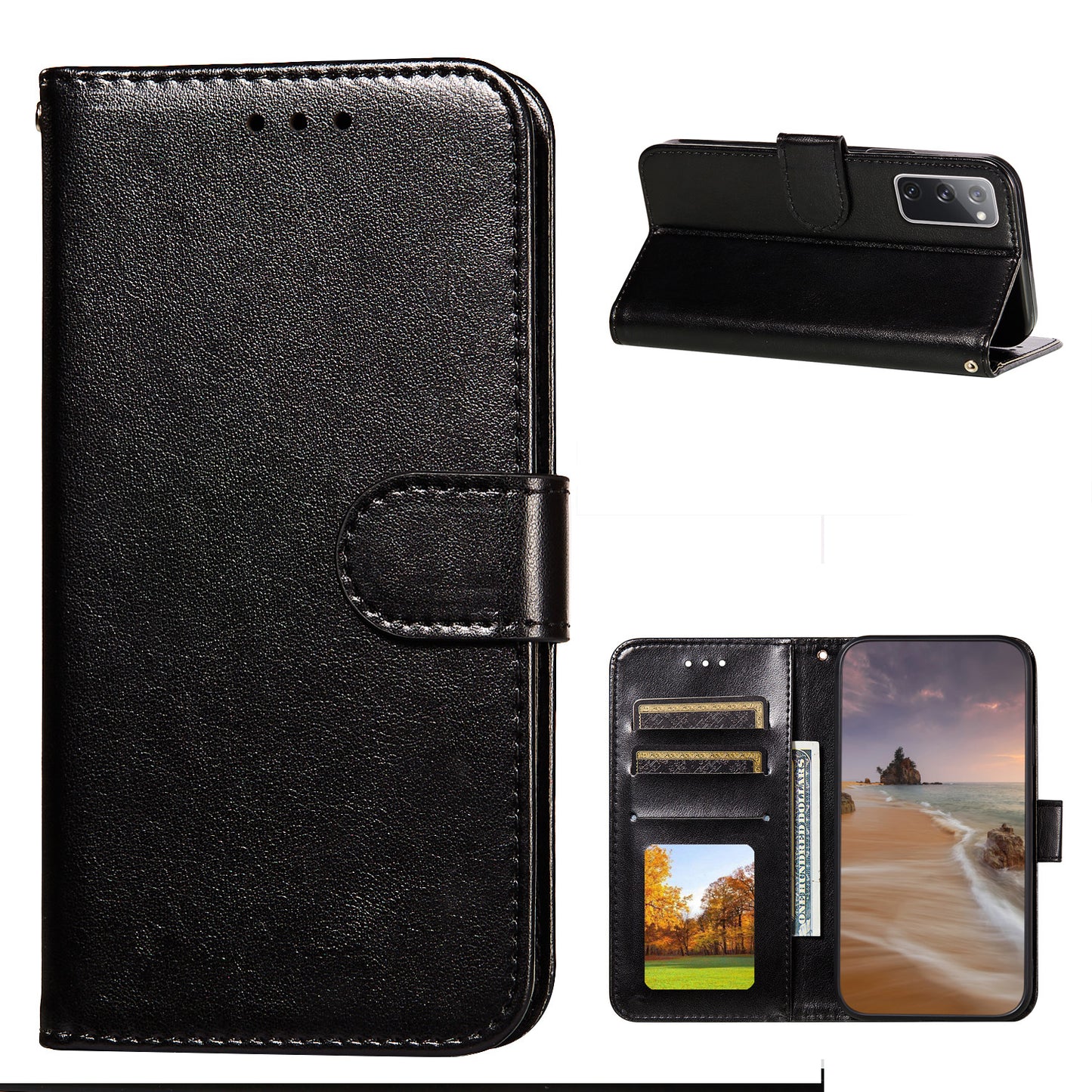 Dual-sided Magnetic Clasp Leather Wallet Stand Phone Case Shell for Samsung Galaxy S20 FE 4G/FE 5G/S20 Lite/S20 FE 2022 - Black