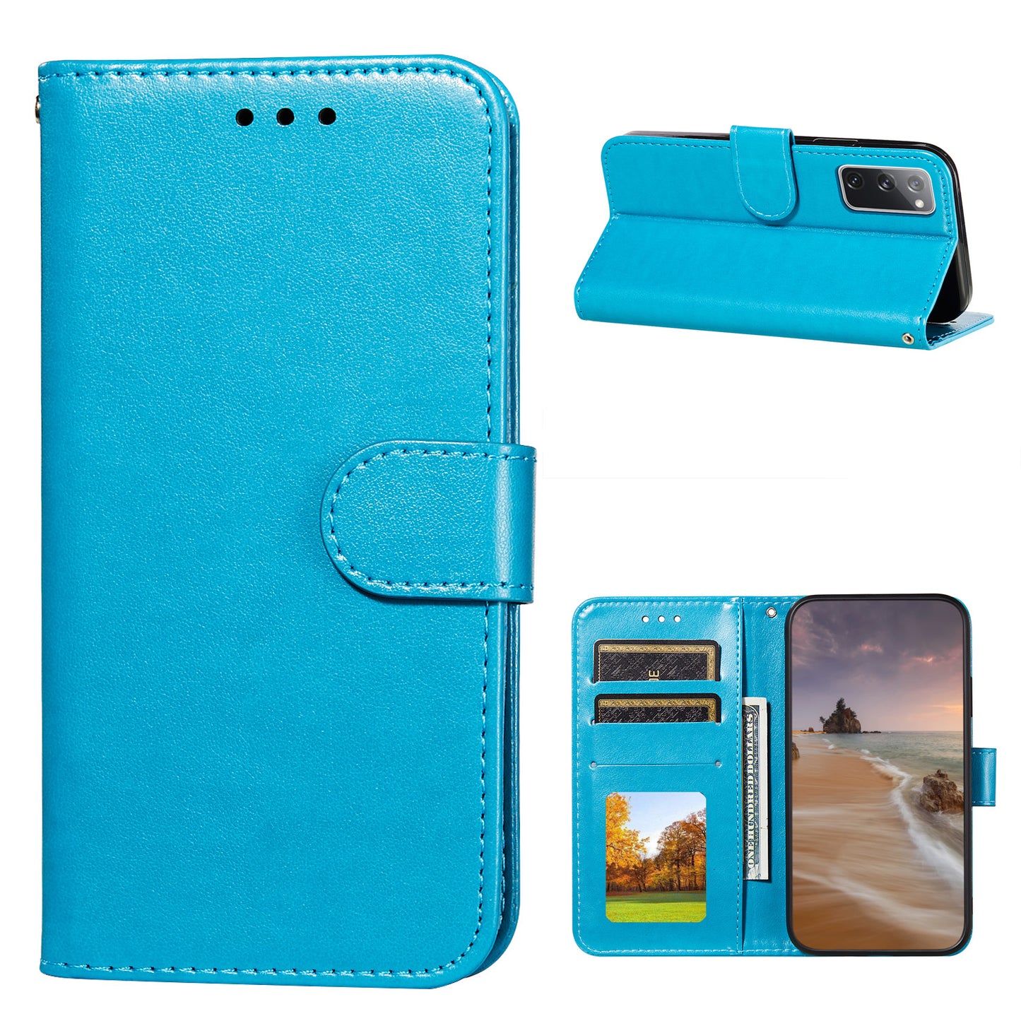 Dual-sided Magnetic Clasp Leather Wallet Stand Phone Case Shell for Samsung Galaxy S20 FE 4G/FE 5G/S20 Lite/S20 FE 2022 - Blue