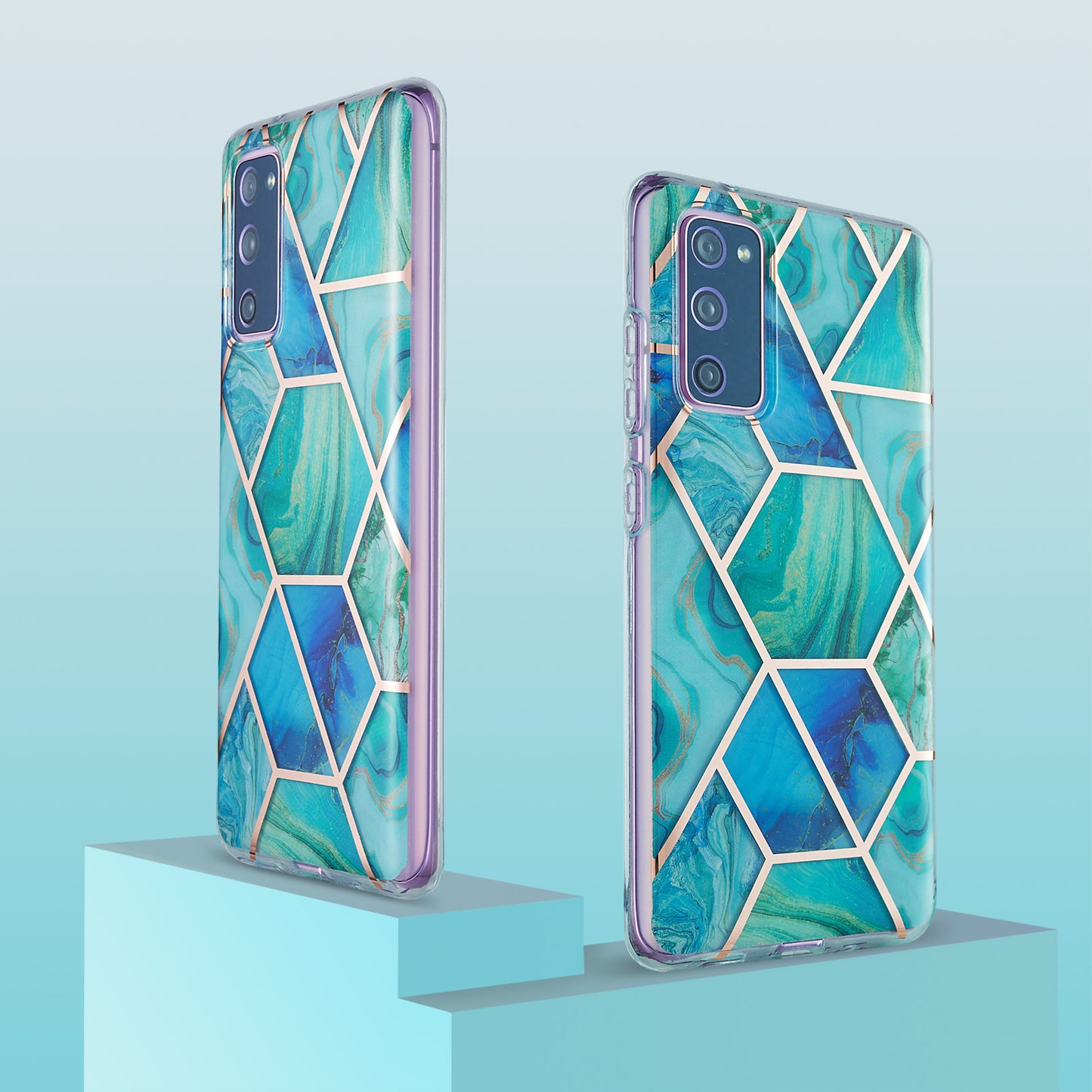 IML IMD Marble Pattern 2.0mm TPU Phone Cover Case Electroplating for Samsung Galaxy S20 FE 4G/FE 5G/S20 Lite/S20 FE 2022 - Cyan / Blue