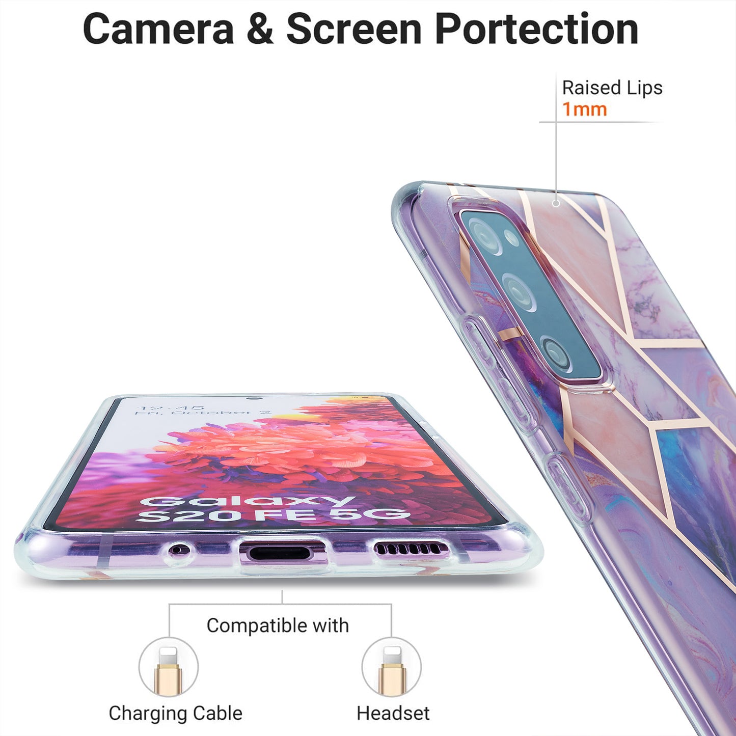 IML IMD Marble Pattern 2.0mm TPU Phone Cover Case Electroplating for Samsung Galaxy S20 FE 4G/FE 5G/S20 Lite/S20 FE 2022 - Light Purple
