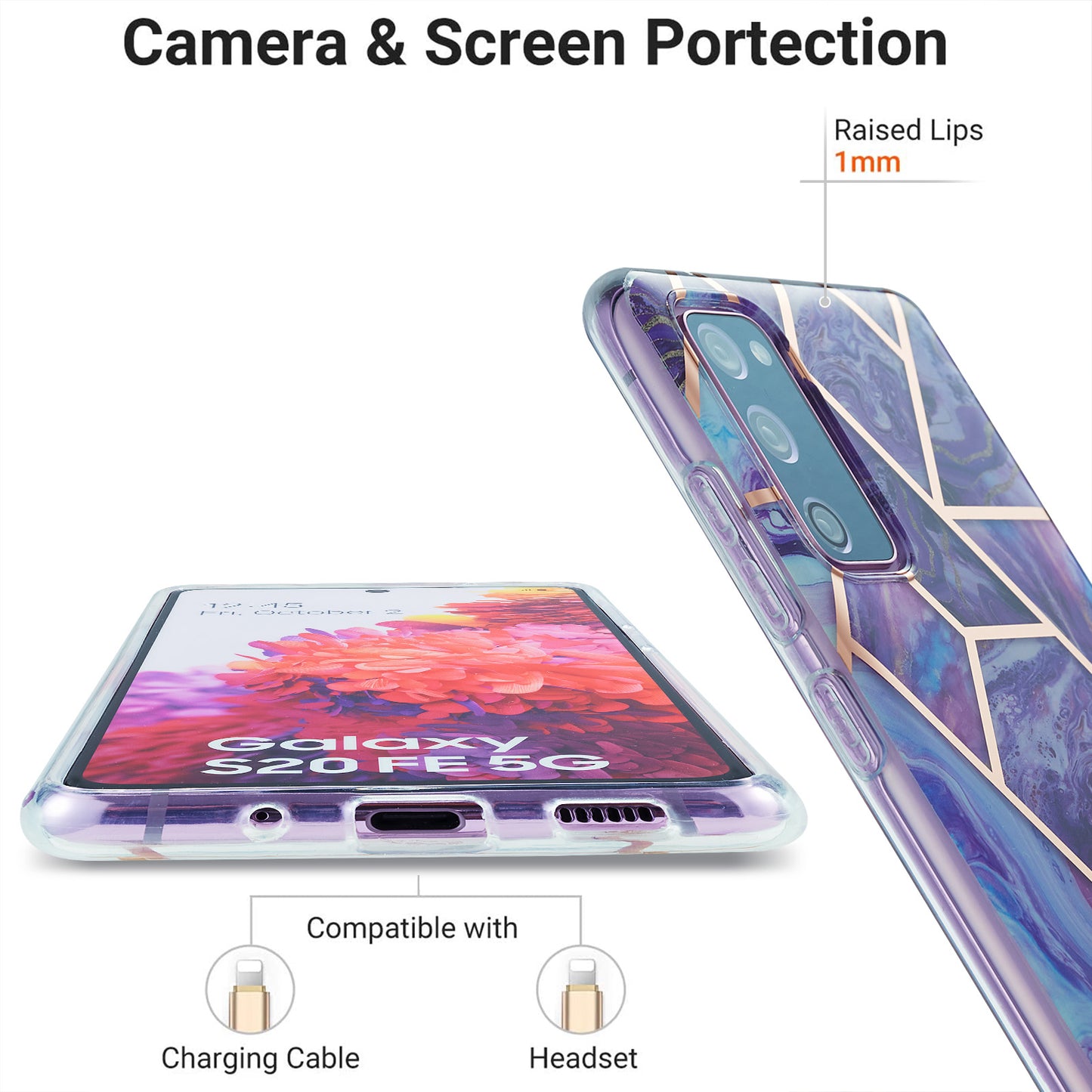 IML IMD Marble Pattern 2.0mm TPU Phone Cover Case Electroplating for Samsung Galaxy S20 FE 4G/FE 5G/S20 Lite/S20 FE 2022 - Purple