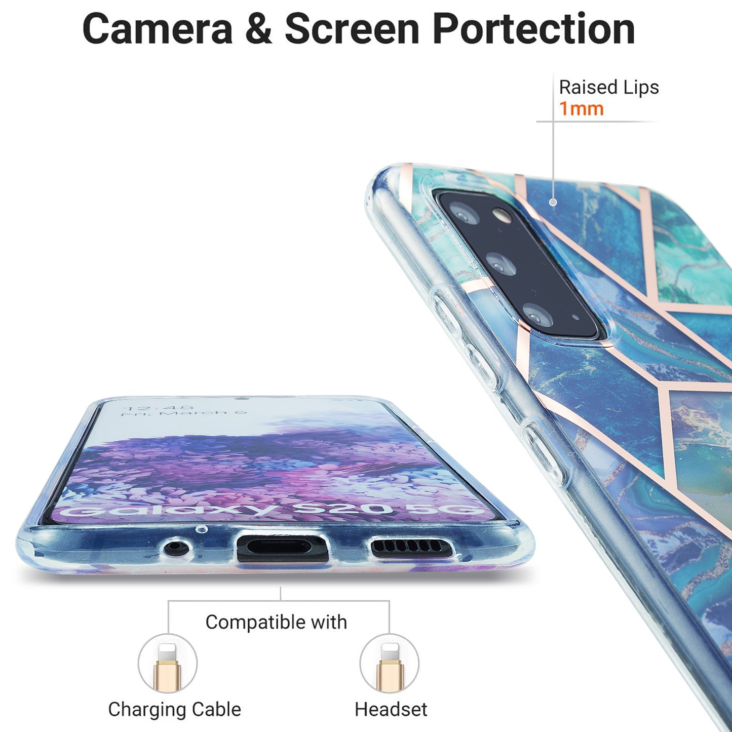 IML IMD Marble Pattern Electroplating Flexible TPU Phone Cover Case for Samsung Galaxy S20 4G/S20 5G - Blue