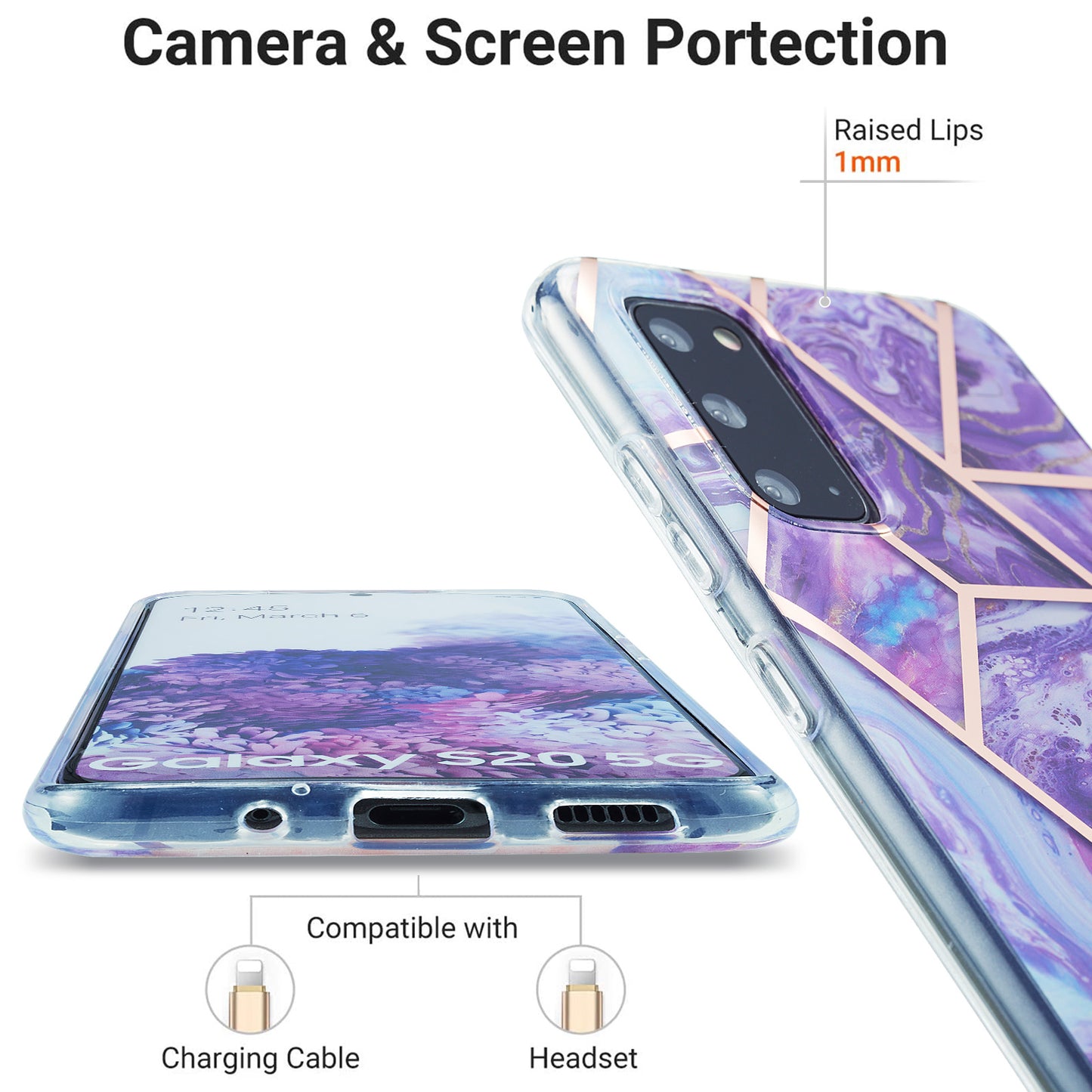 IML IMD Marble Pattern Electroplating Flexible TPU Phone Cover Case for Samsung Galaxy S20 4G/S20 5G - Purple