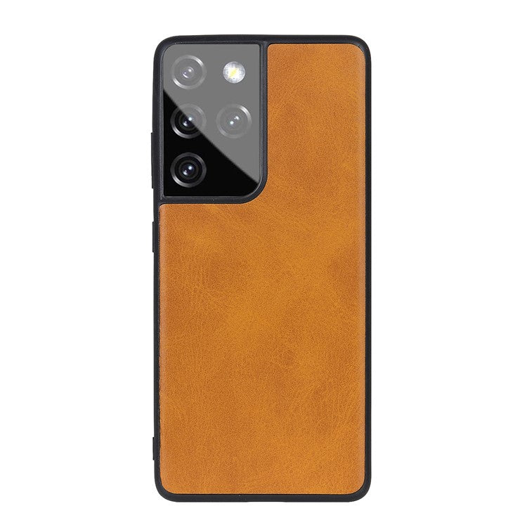 Leather Coated TPU+PC Phone Case for Samsung Galaxy S21 Ultra 5G - Brown