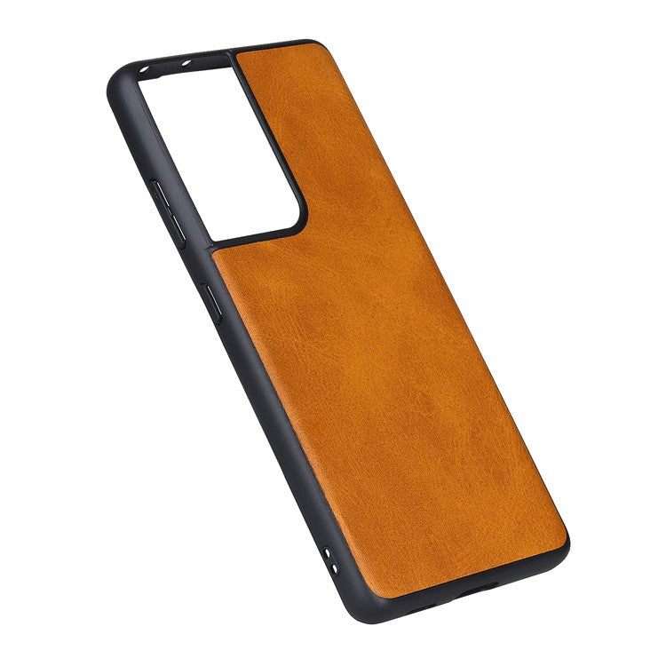Leather Coated TPU+PC Phone Case for Samsung Galaxy S21 Ultra 5G - Brown
