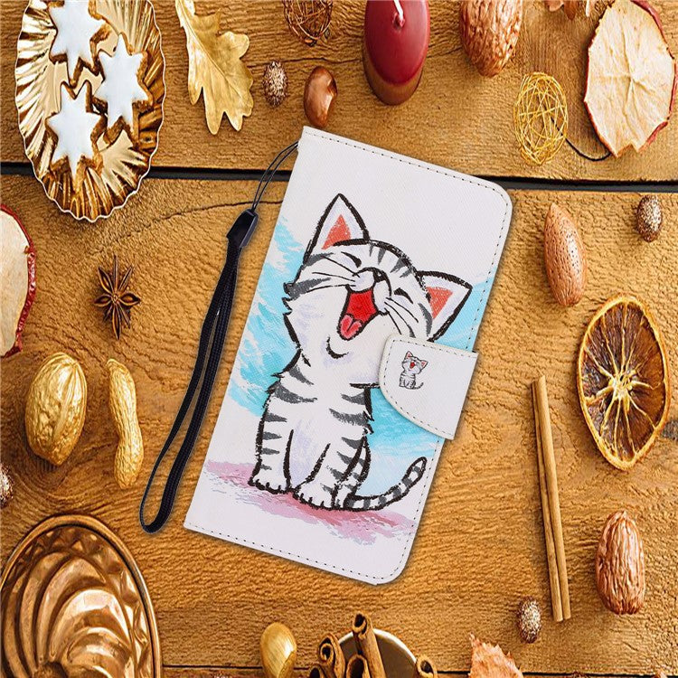 PU Leather Phone Wallet Stand Pattern Printing Protective Case for Samsung Galaxy A12 - Cat