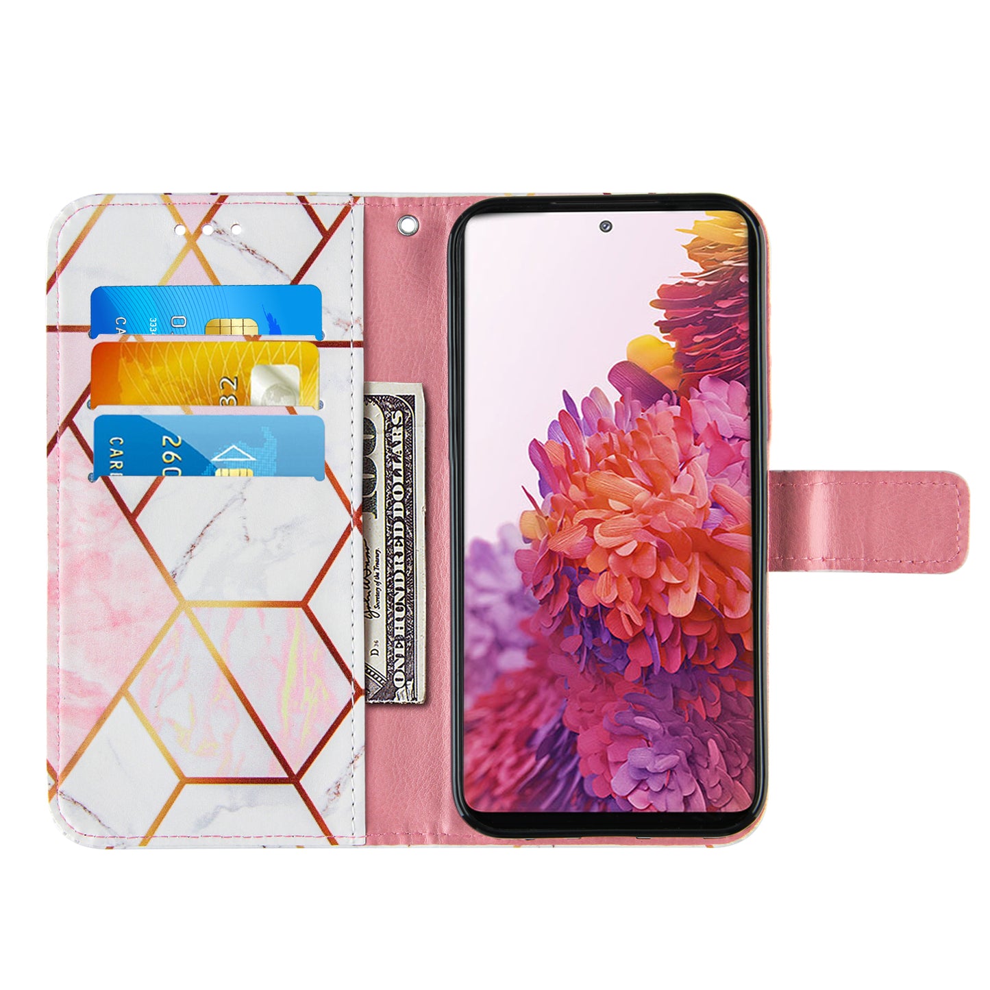 Full Protection Wallet Stand TPU + PU Leather Cover with Splicing Marble Pattern for Samsung Galaxy S20 FE 4G/FE 5G/S20 Lite/S20 FE 2022 - Pink