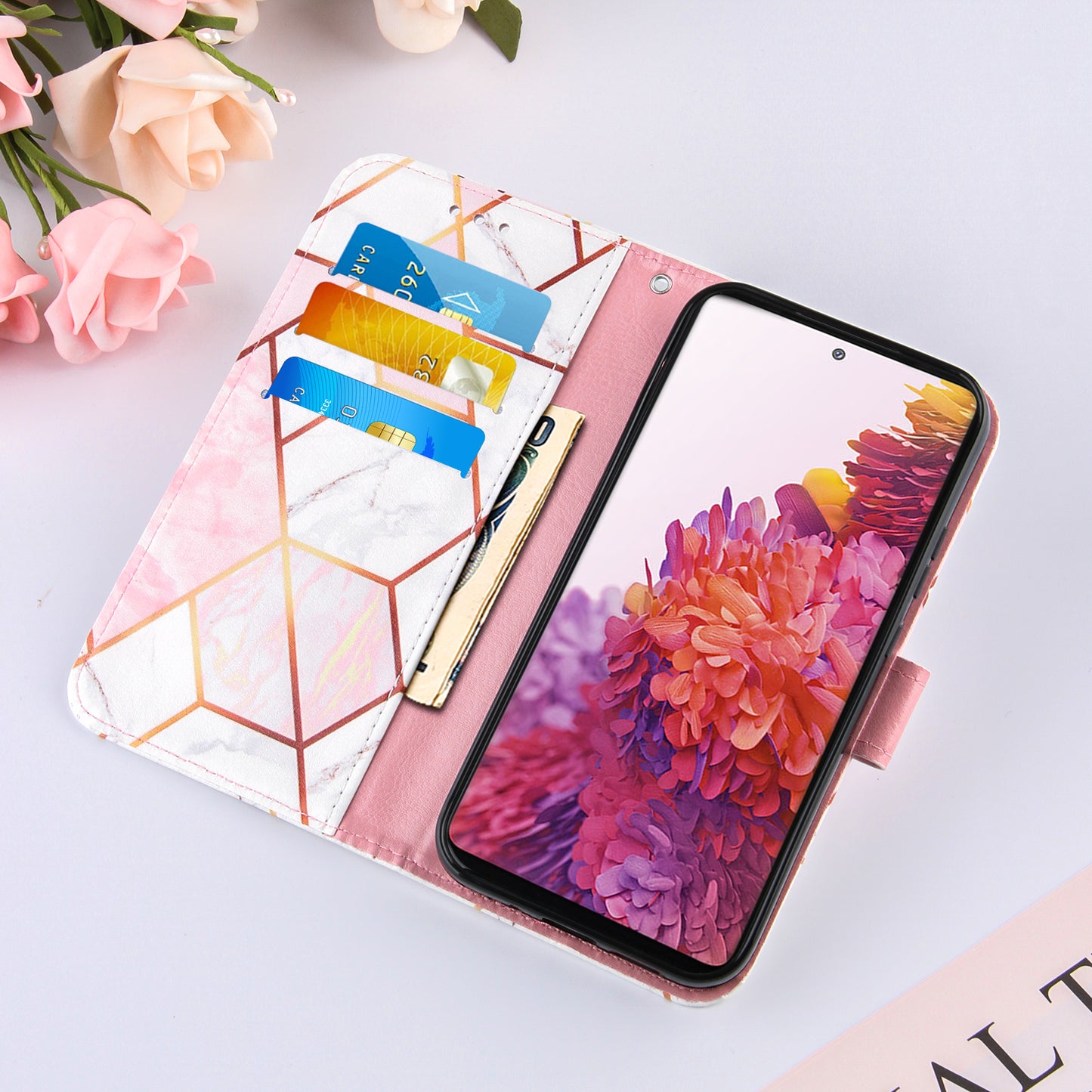 Full Protection Wallet Stand TPU + PU Leather Cover with Splicing Marble Pattern for Samsung Galaxy S20 FE 4G/FE 5G/S20 Lite/S20 FE 2022 - Pink