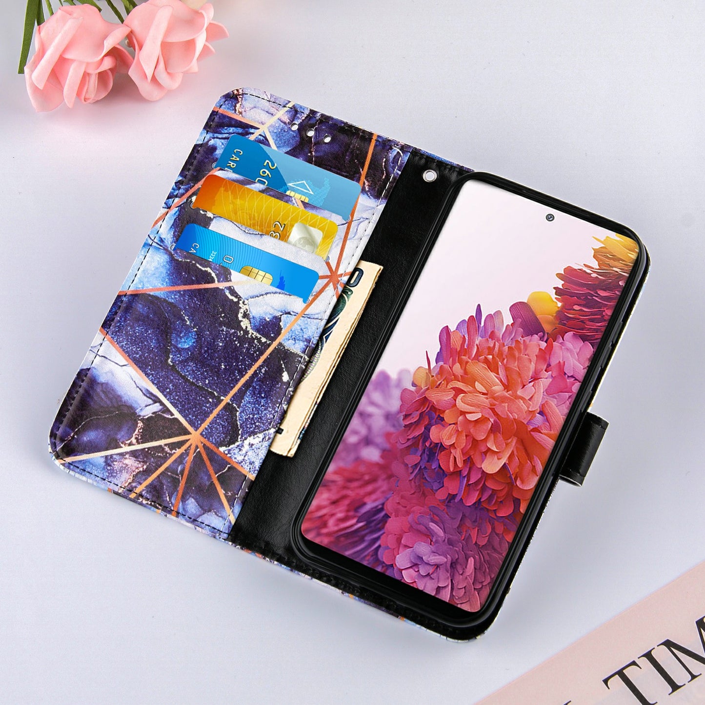 Full Protection Wallet Stand TPU + PU Leather Cover with Splicing Marble Pattern for Samsung Galaxy S20 FE 4G/FE 5G/S20 Lite/S20 FE 2022 - Dark Blue