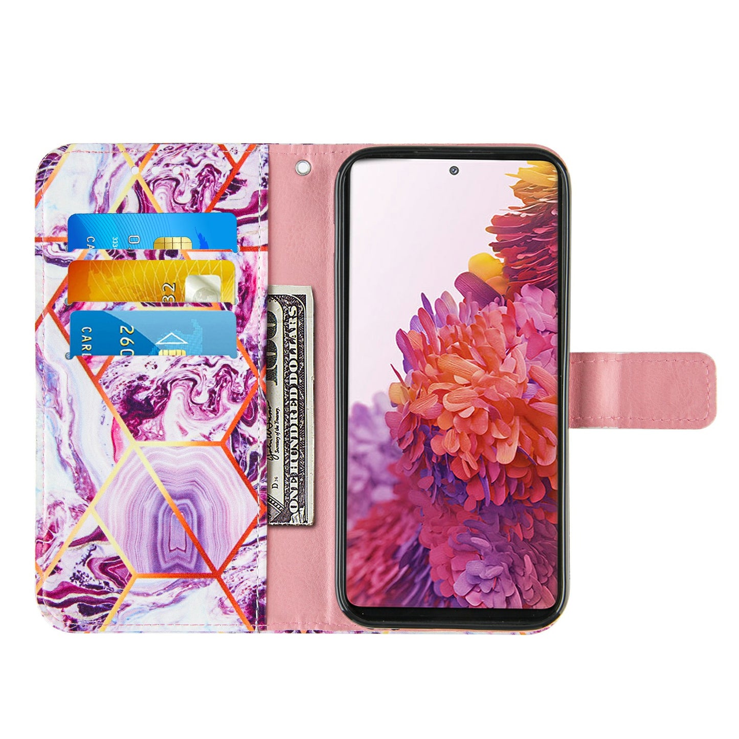 Full Protection Wallet Stand TPU + PU Leather Cover with Splicing Marble Pattern for Samsung Galaxy S20 FE 4G/FE 5G/S20 Lite/S20 FE 2022 - Purple