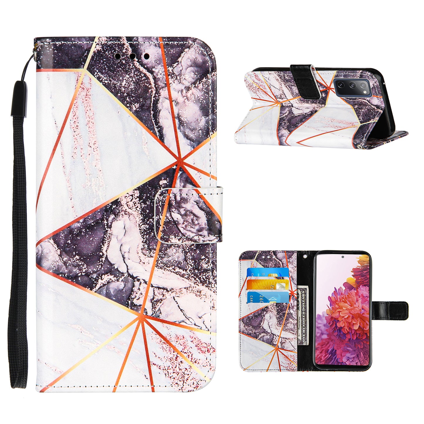 Full Protection Wallet Stand TPU + PU Leather Cover with Splicing Marble Pattern for Samsung Galaxy S20 FE 4G/FE 5G/S20 Lite/S20 FE 2022 - White/Black