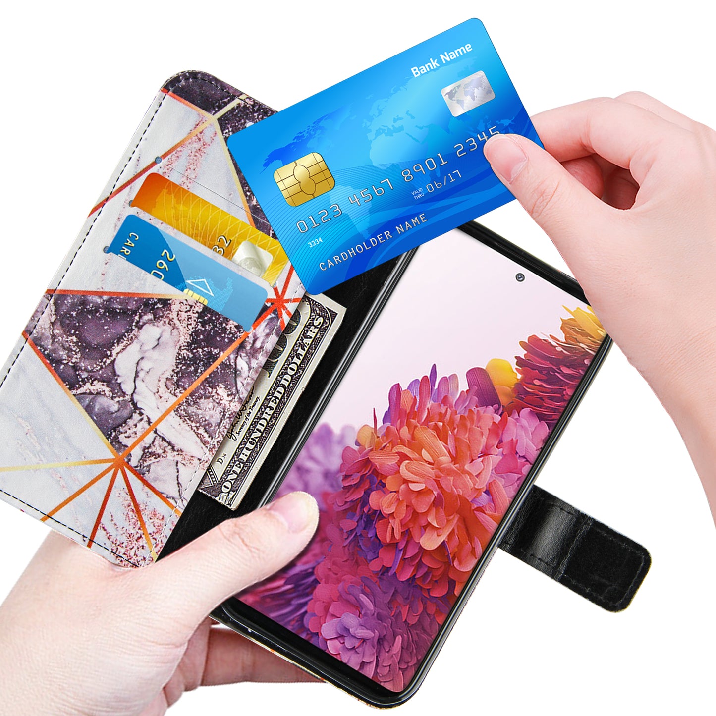 Full Protection Wallet Stand TPU + PU Leather Cover with Splicing Marble Pattern for Samsung Galaxy S20 FE 4G/FE 5G/S20 Lite/S20 FE 2022 - White/Black