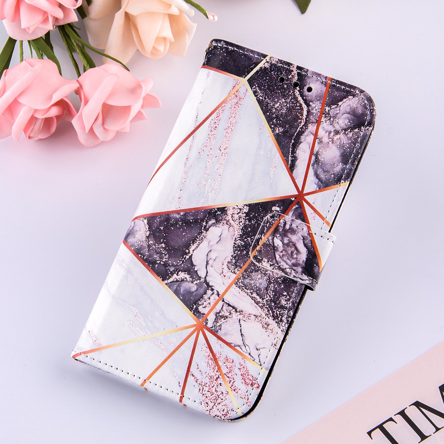Full Protection Wallet Stand TPU + PU Leather Cover with Splicing Marble Pattern for Samsung Galaxy S20 FE 4G/FE 5G/S20 Lite/S20 FE 2022 - White/Black