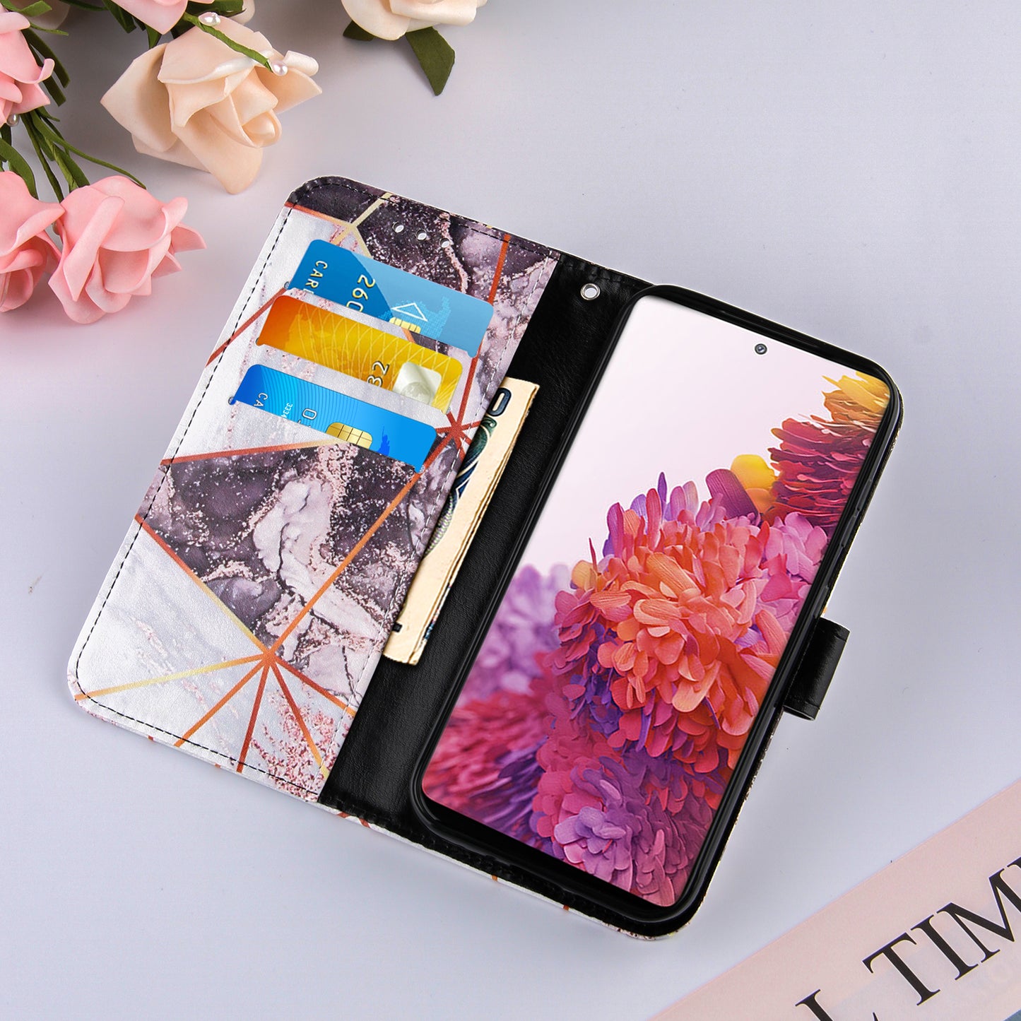 Full Protection Wallet Stand TPU + PU Leather Cover with Splicing Marble Pattern for Samsung Galaxy S20 FE 4G/FE 5G/S20 Lite/S20 FE 2022 - White/Black