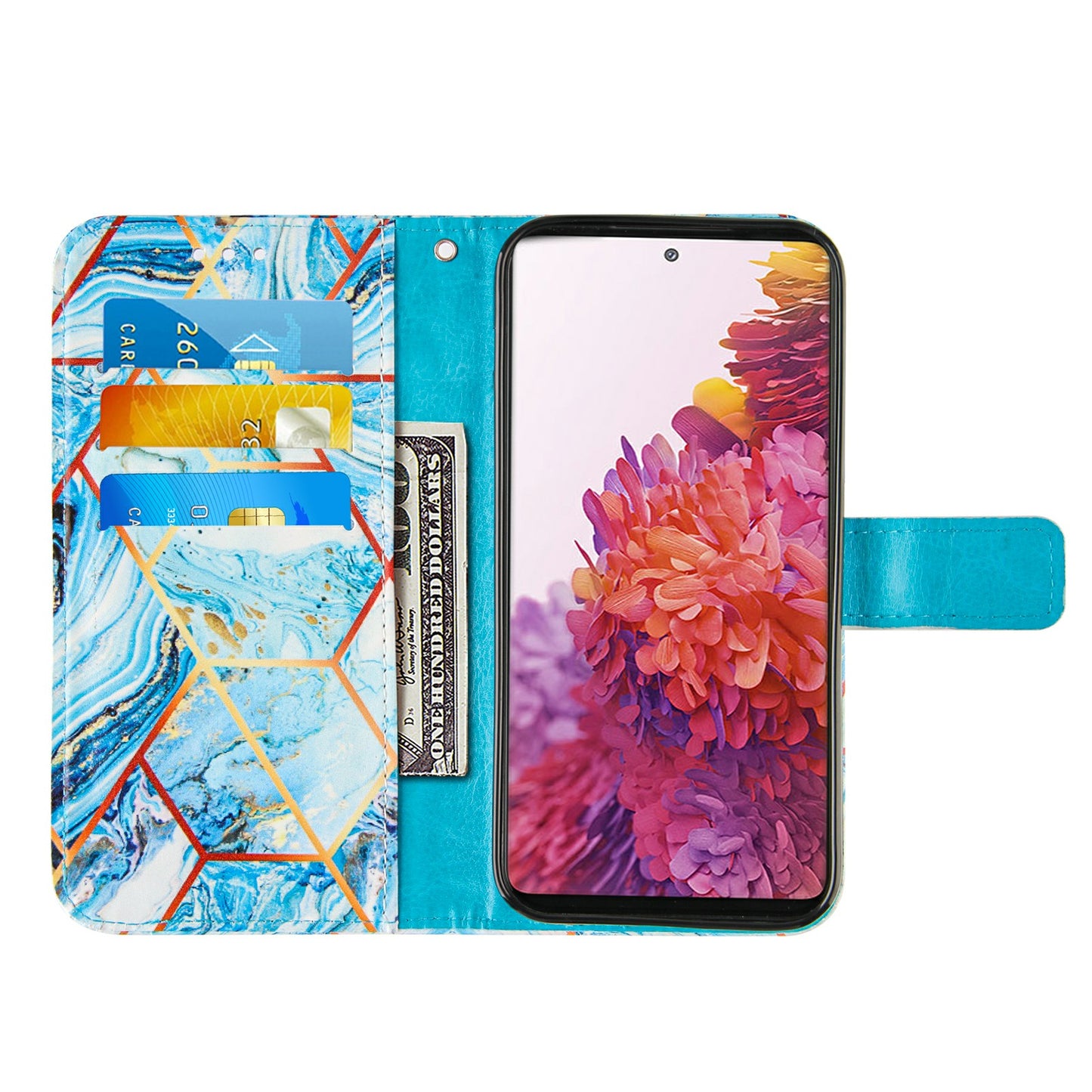 Full Protection Wallet Stand TPU + PU Leather Cover with Splicing Marble Pattern for Samsung Galaxy S20 FE 4G/FE 5G/S20 Lite/S20 FE 2022 - Sky Blue