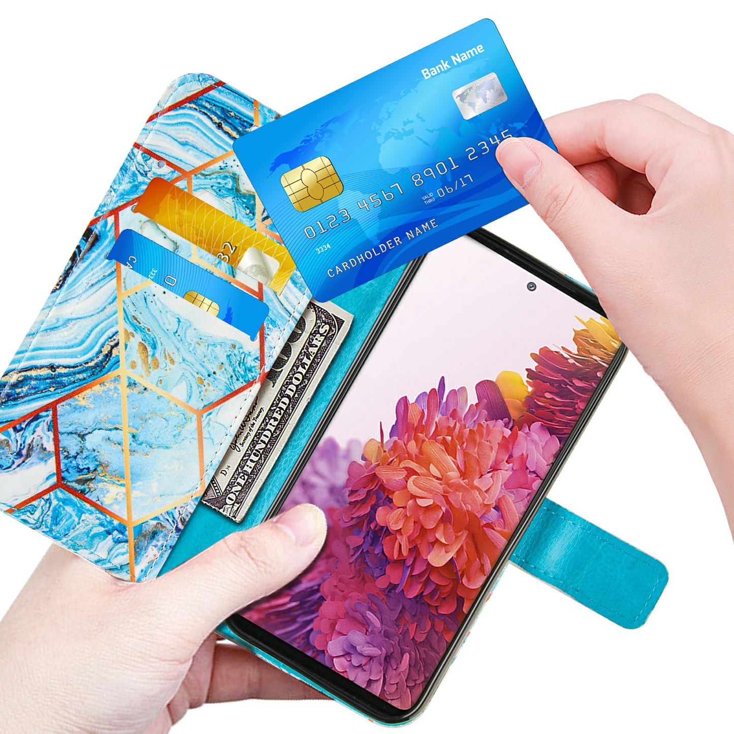 Full Protection Wallet Stand TPU + PU Leather Cover with Splicing Marble Pattern for Samsung Galaxy S20 FE 4G/FE 5G/S20 Lite/S20 FE 2022 - Sky Blue