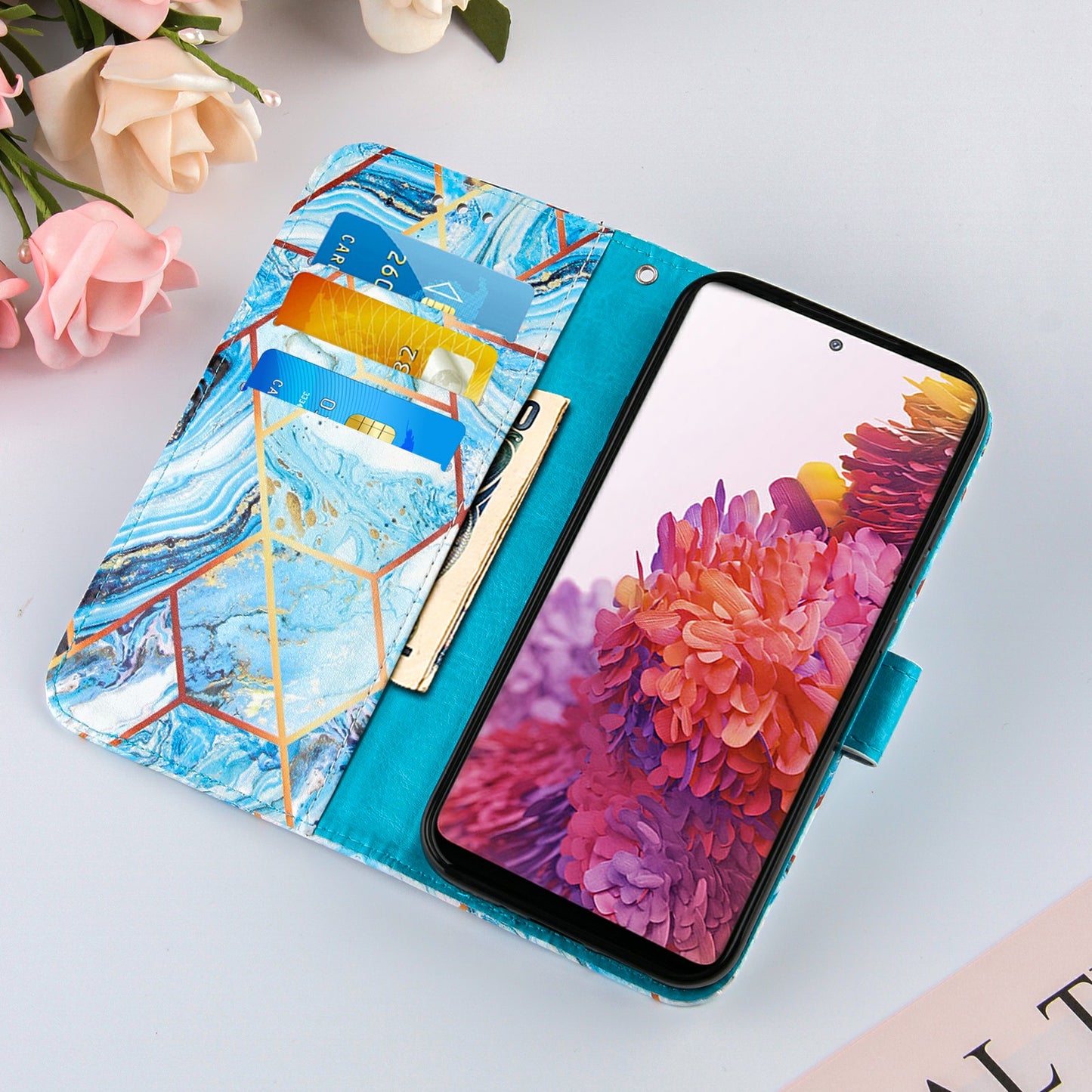 Full Protection Wallet Stand TPU + PU Leather Cover with Splicing Marble Pattern for Samsung Galaxy S20 FE 4G/FE 5G/S20 Lite/S20 FE 2022 - Sky Blue