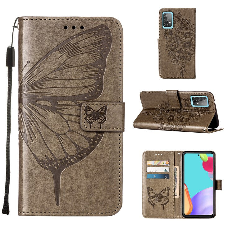 Imprint Butterfly Flower Pattern Wallet Stand Leather Case for Samsung Galaxy A52 4G/5G / A52s 5G - Grey