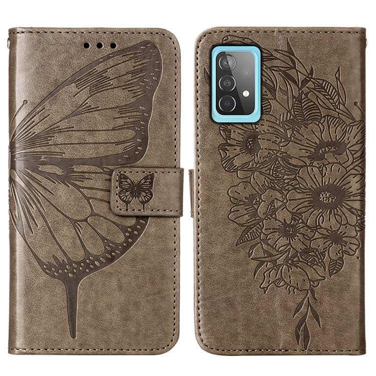 Imprint Butterfly Flower Pattern Wallet Stand Leather Case for Samsung Galaxy A52 4G/5G / A52s 5G - Grey