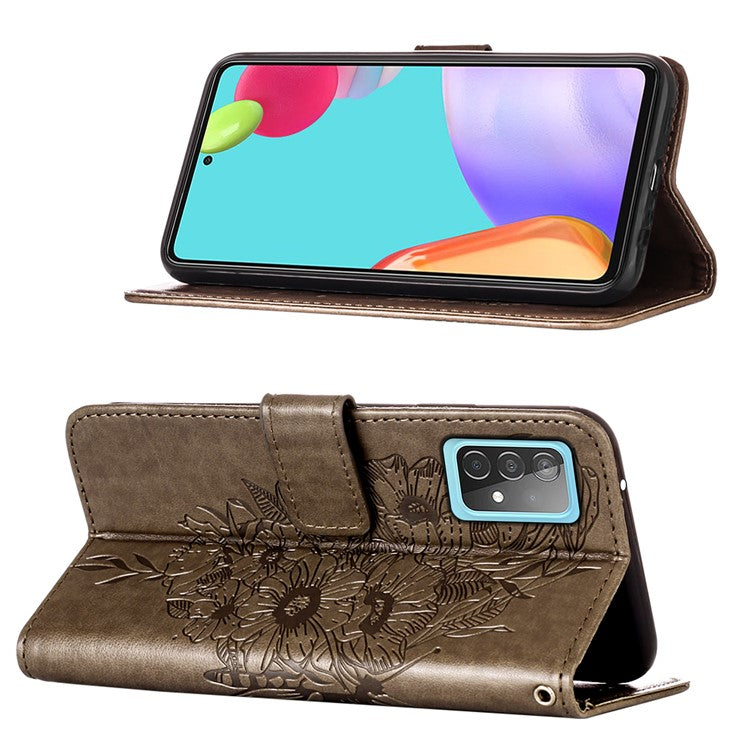 Imprint Butterfly Flower Pattern Wallet Stand Leather Case for Samsung Galaxy A52 4G/5G / A52s 5G - Grey