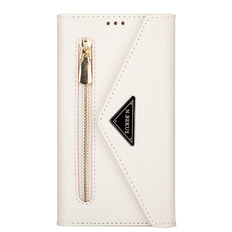 For Samsung Galaxy S21 Ultra 5G Zipper Wallet Phone Case Leather Stand Phone Cover Shell with Short/Long Strap - White