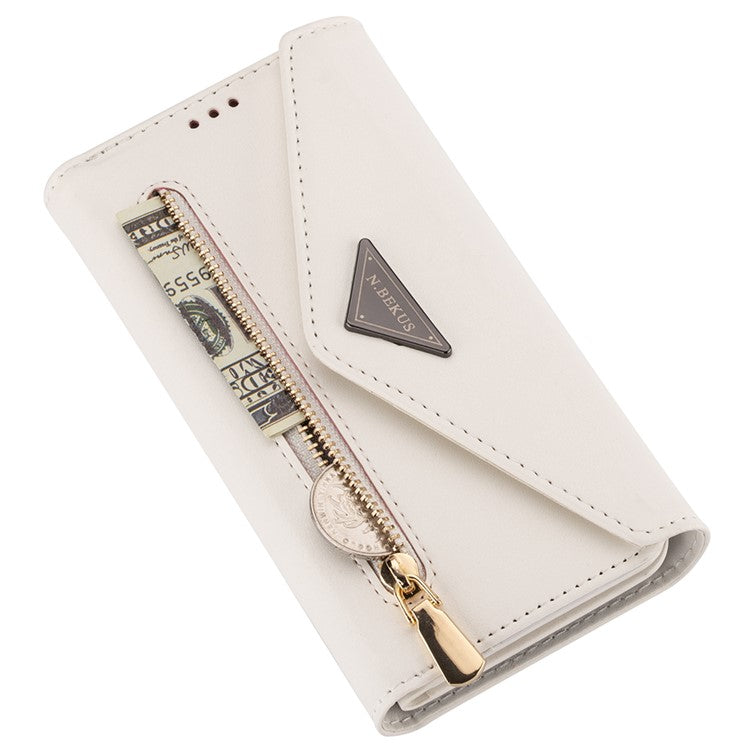 For Samsung Galaxy S21 Ultra 5G Zipper Wallet Phone Case Leather Stand Phone Cover Shell with Short/Long Strap - White