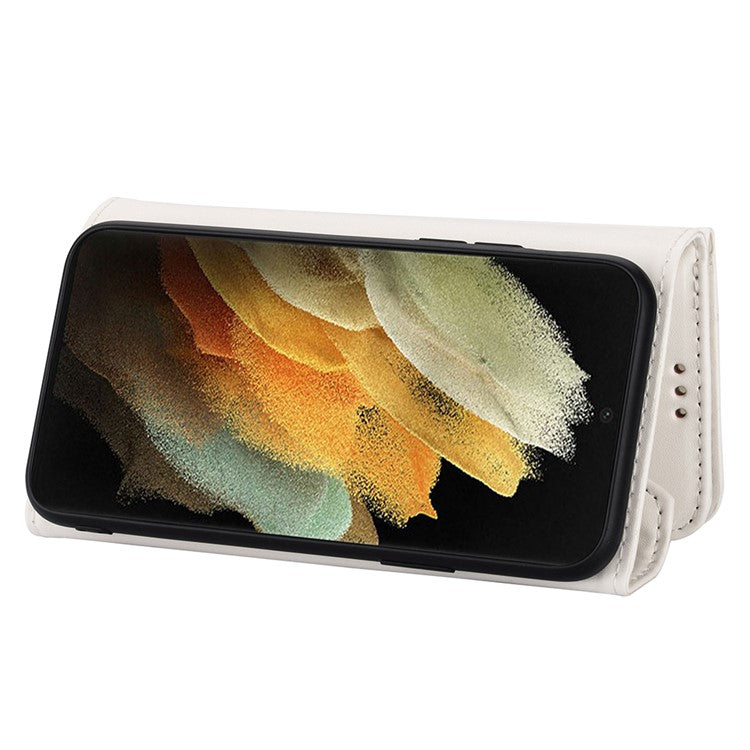 For Samsung Galaxy S21 Ultra 5G Zipper Wallet Phone Case Leather Stand Phone Cover Shell with Short/Long Strap - White