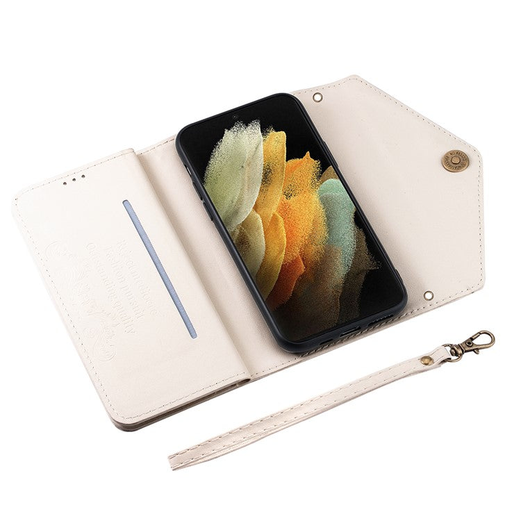 For Samsung Galaxy S21 Ultra 5G Zipper Wallet Phone Case Leather Stand Phone Cover Shell with Short/Long Strap - White