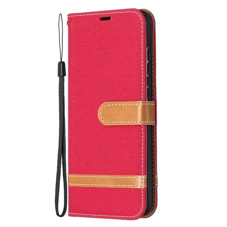 For Samsung Galaxy A52 4G/5G / A52s 5G Color Splicing Jeans Cloth Surface Wallet Leather Phone Cover - Red