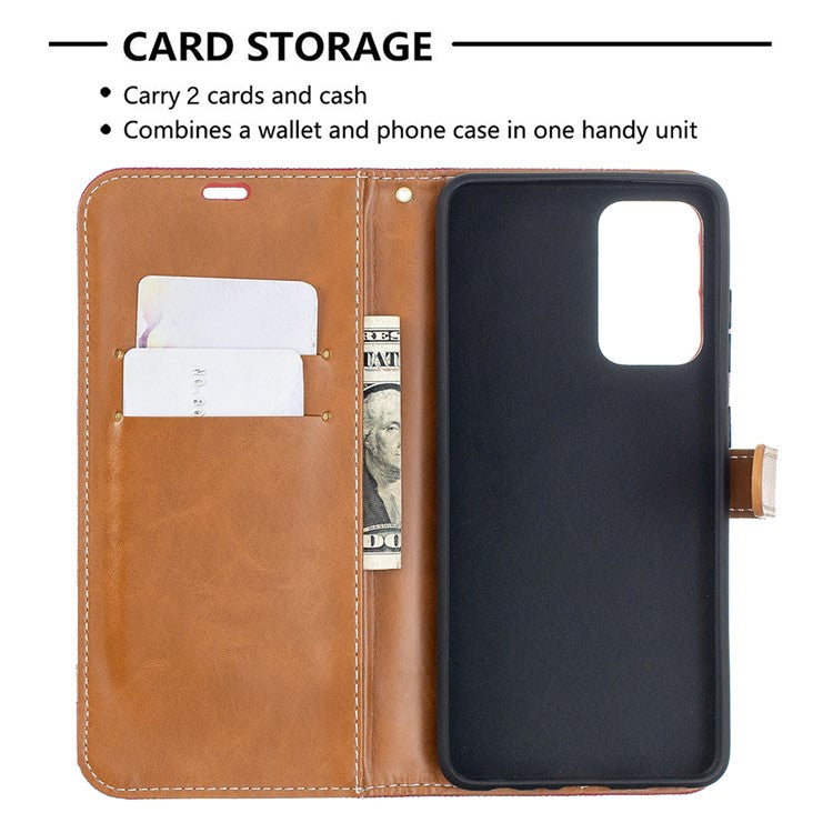 For Samsung Galaxy A52 4G/5G / A52s 5G Color Splicing Jeans Cloth Surface Wallet Leather Phone Cover - Red