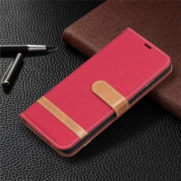 For Samsung Galaxy A52 4G/5G / A52s 5G Color Splicing Jeans Cloth Surface Wallet Leather Phone Cover - Red