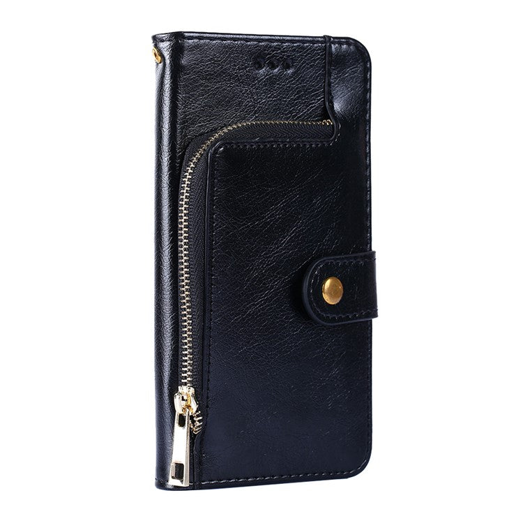 Leather Phone Case with Zipper Pocket for Samsung Galaxy A42 5G Wallet Stand Design Shell - Black