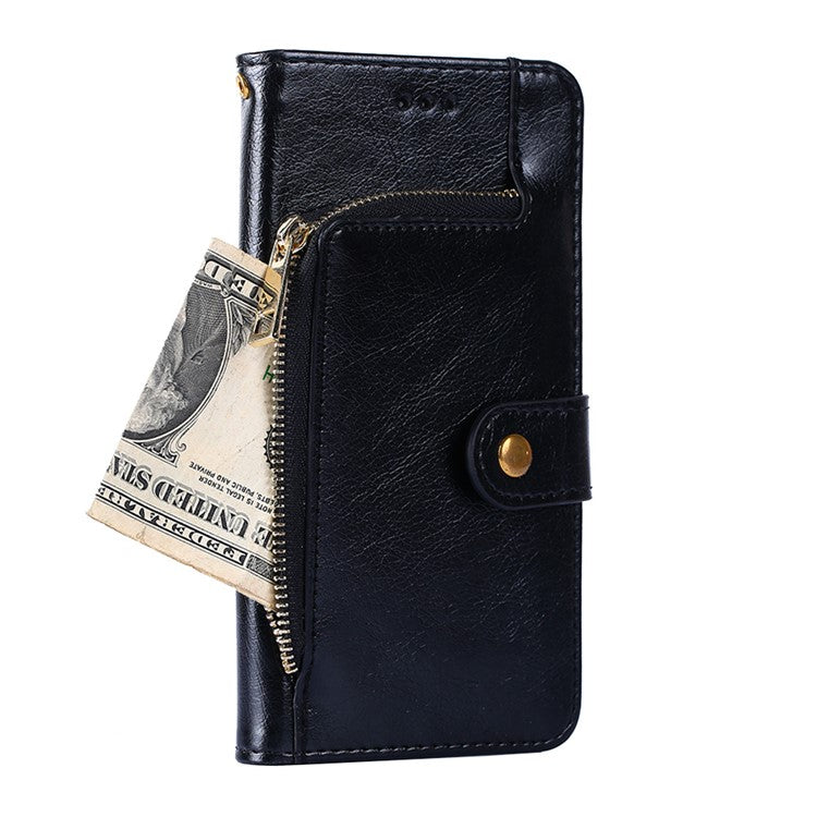 Leather Phone Case with Zipper Pocket for Samsung Galaxy A42 5G Wallet Stand Design Shell - Black
