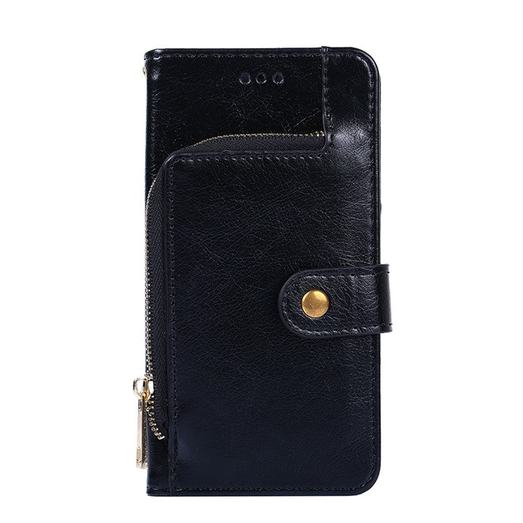 Leather Phone Case with Zipper Pocket for Samsung Galaxy A42 5G Wallet Stand Design Shell - Black