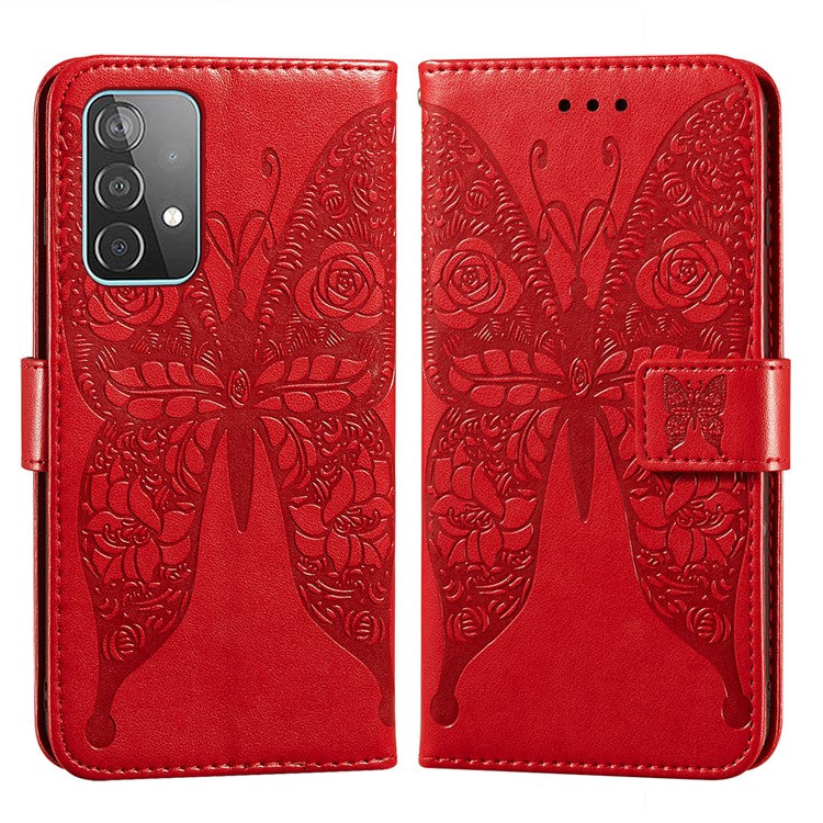 For Samsung Galaxy A52 4G/5G / A52s 5G Imprinted Rose Flower Butterflies Pattern Leather Wallet Stand Case - Red