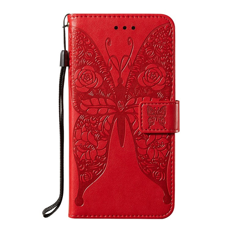 For Samsung Galaxy A52 4G/5G / A52s 5G Imprinted Rose Flower Butterflies Pattern Leather Wallet Stand Case - Red