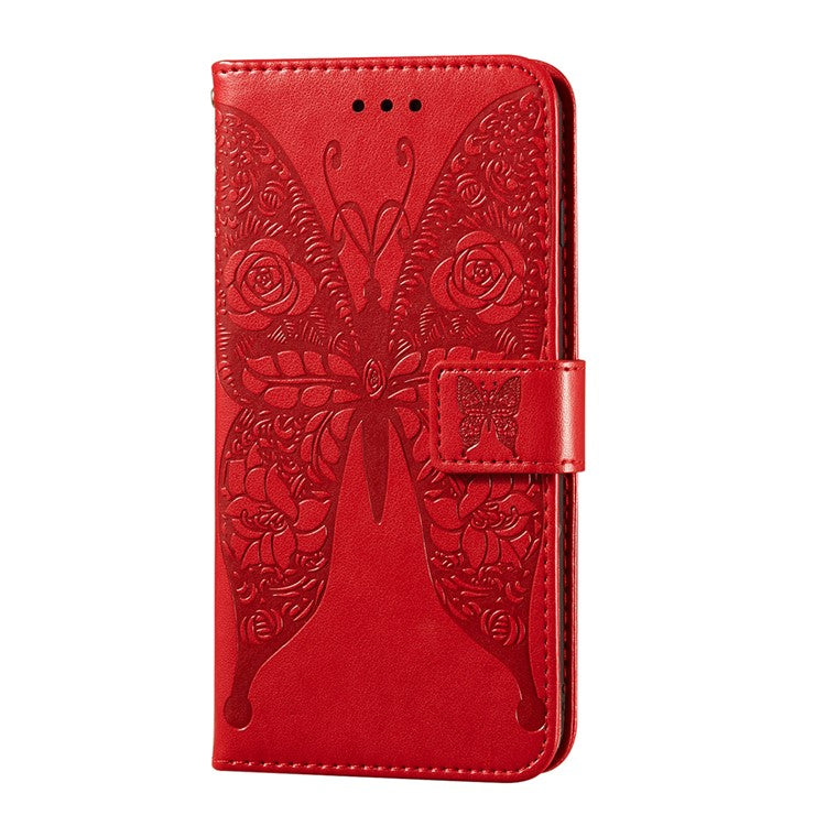 For Samsung Galaxy A52 4G/5G / A52s 5G Imprinted Rose Flower Butterflies Pattern Leather Wallet Stand Case - Red