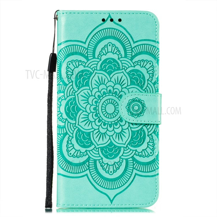 Imprint Mandala Flower Stand for Samsung Galaxy A72 5G / A72 4G Leather Case - Cyan