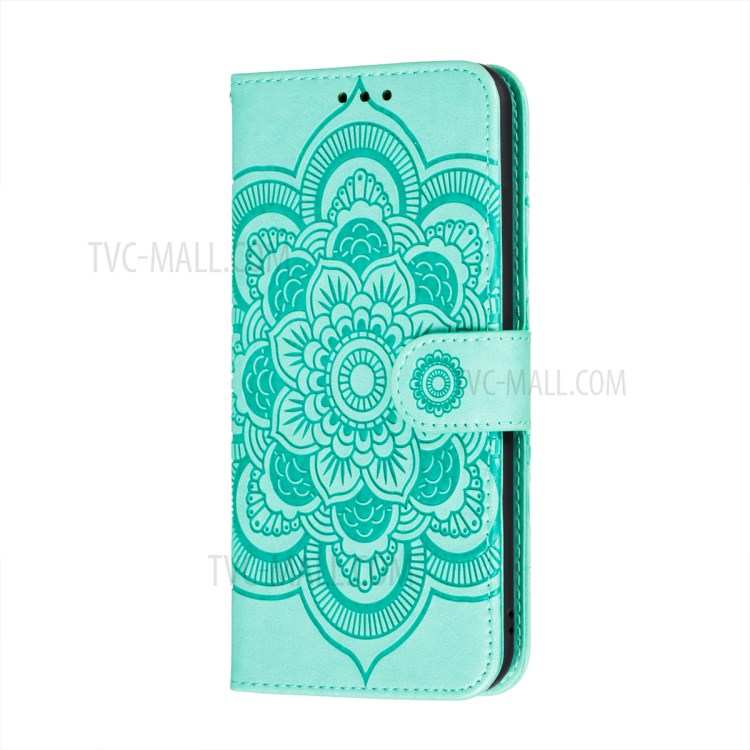 Imprint Mandala Flower Stand for Samsung Galaxy A72 5G / A72 4G Leather Case - Cyan