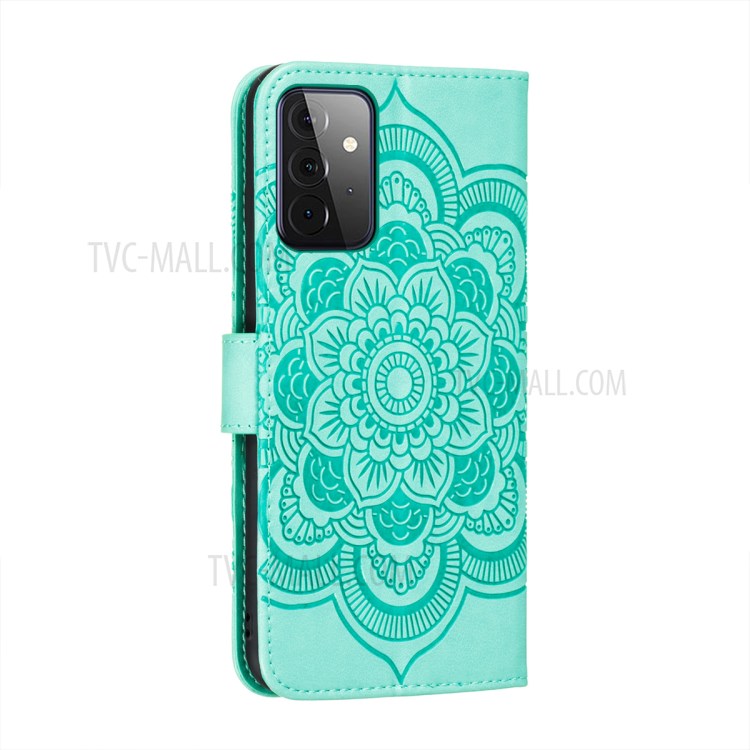 Imprint Mandala Flower Stand for Samsung Galaxy A72 5G / A72 4G Leather Case - Cyan