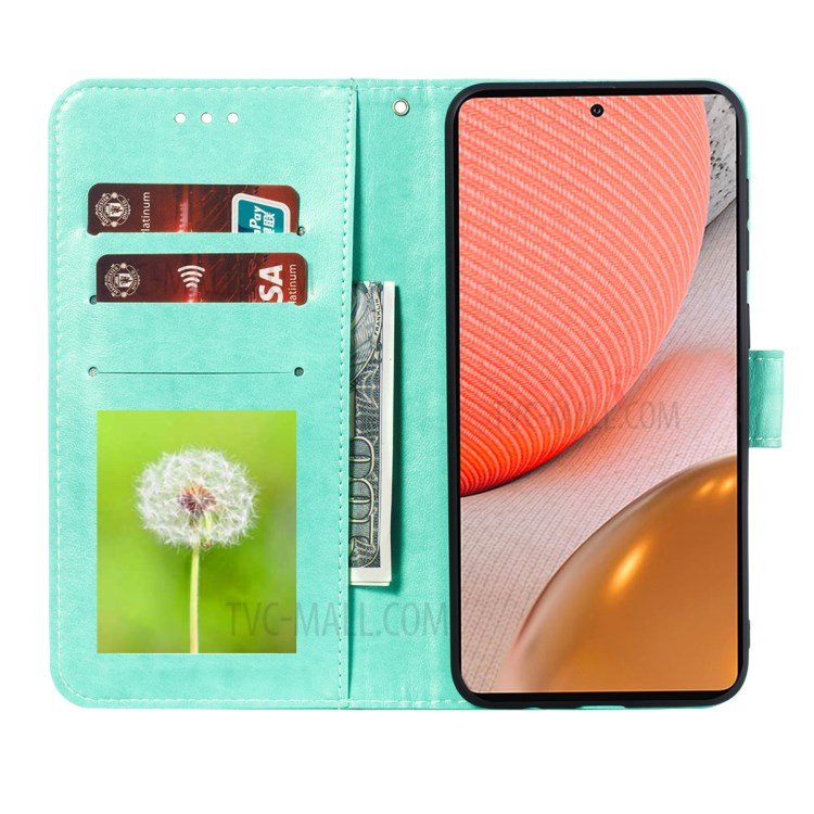 Imprint Mandala Flower Stand for Samsung Galaxy A72 5G / A72 4G Leather Case - Cyan