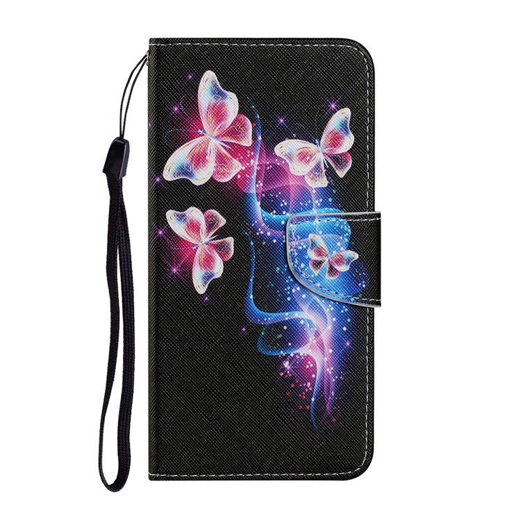 Pattern Printing TPU + PU Leather Wallet Stand Phone Case with Lanyard for Samsung Galaxy A72 5G / A72 4G - Glittery Butterfly