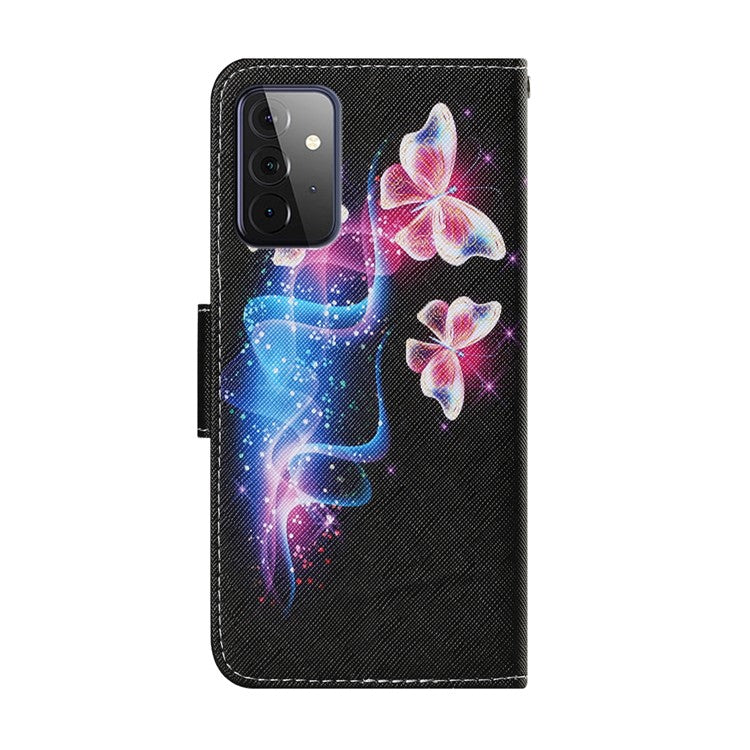 Pattern Printing TPU + PU Leather Wallet Stand Phone Case with Lanyard for Samsung Galaxy A72 5G / A72 4G - Glittery Butterfly