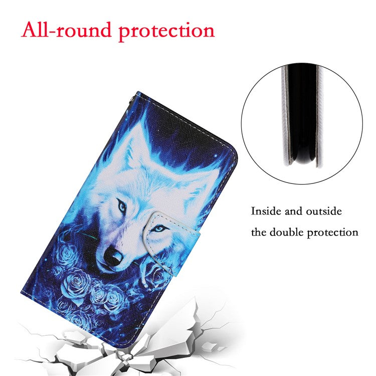 Pattern Printing TPU + PU Leather Wallet Stand Phone Case with Lanyard for Samsung Galaxy A02s (164.2x75.9x9.1mm) - Wolf