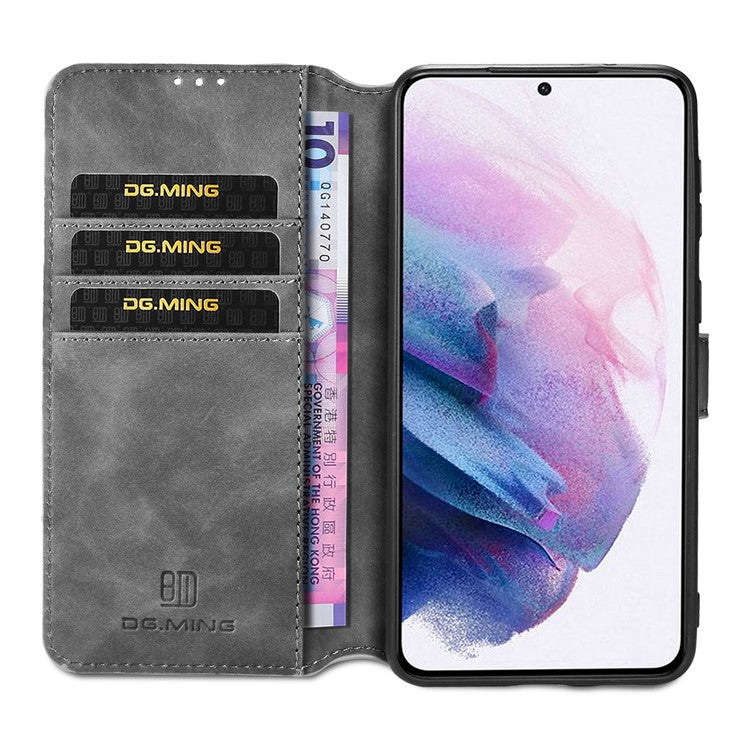 For Samsung Galaxy S21 4G/5G DG.MING Retro Style Leather Wallet Case Stand Cover - Grey