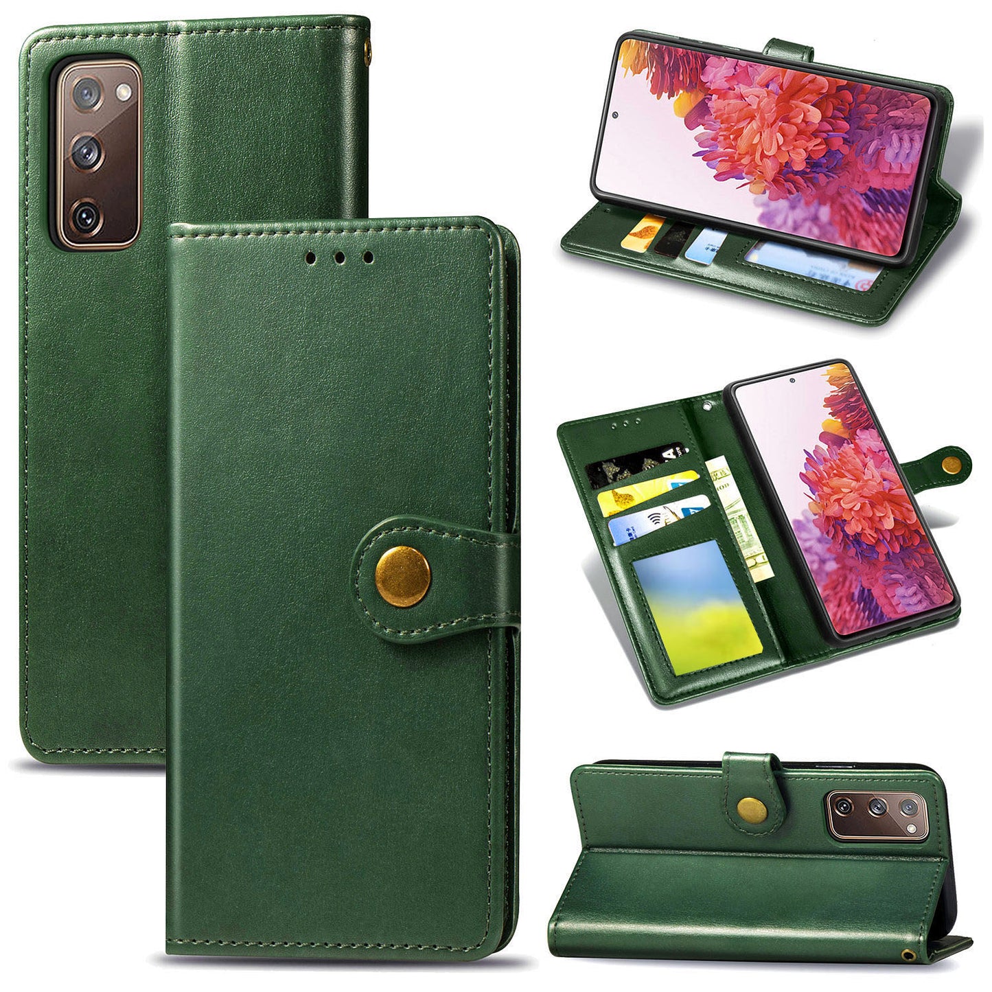 Solid Color Wallet Stand Leather Phone Shell for Samsung Galaxy S20 FE 4G/FE 5G/S20 Lite/S20 FE 2022 - Blackish Green