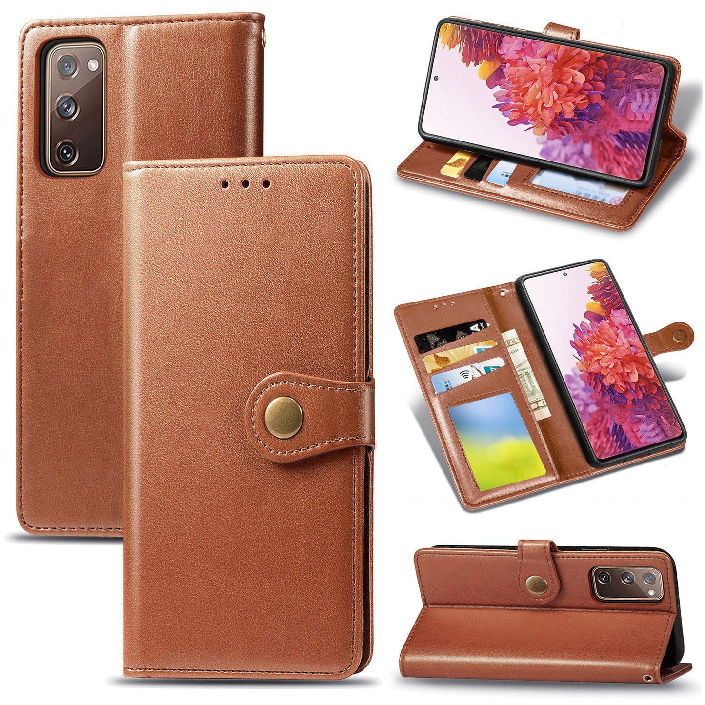 Solid Color Wallet Stand Leather Phone Shell for Samsung Galaxy S20 FE 4G/FE 5G/S20 Lite/S20 FE 2022 - Light Brown