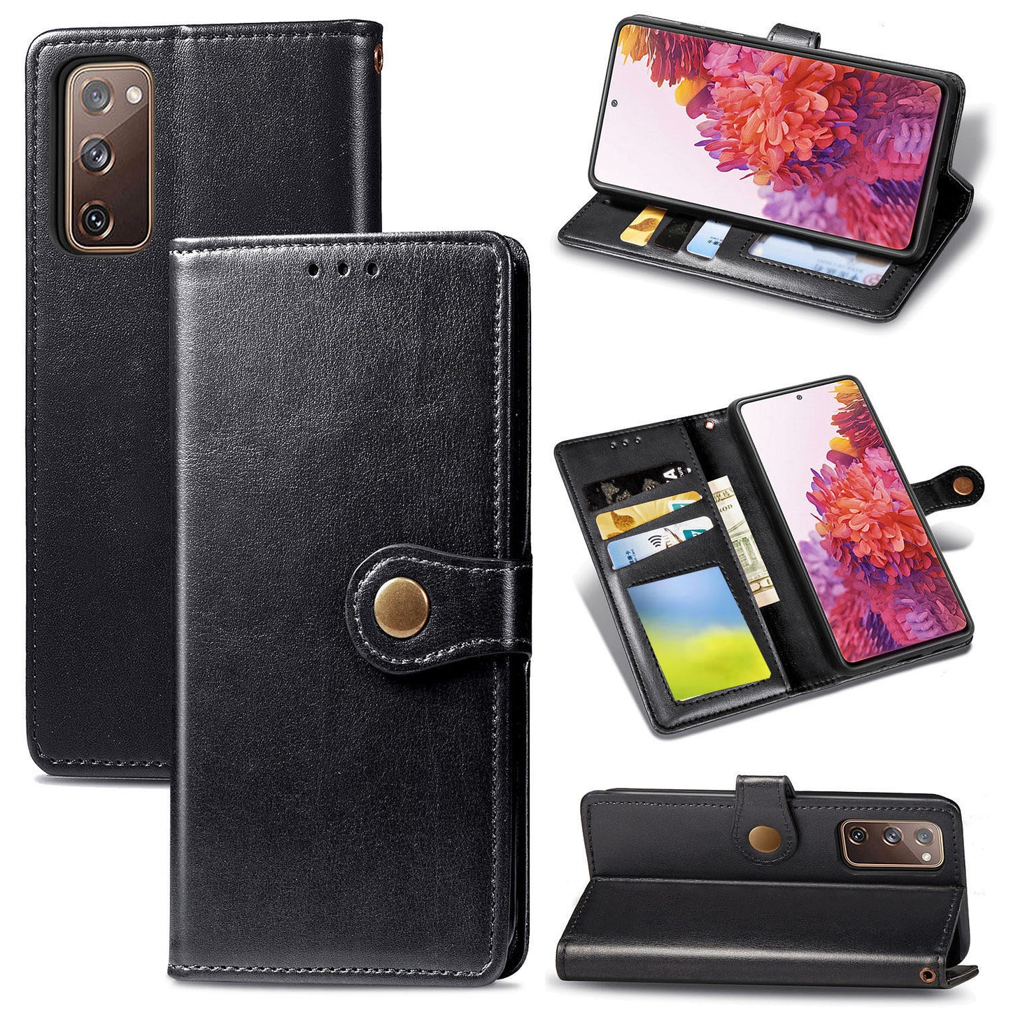 Solid Color Wallet Stand Leather Phone Shell for Samsung Galaxy S20 FE 4G/FE 5G/S20 Lite/S20 FE 2022 - Black