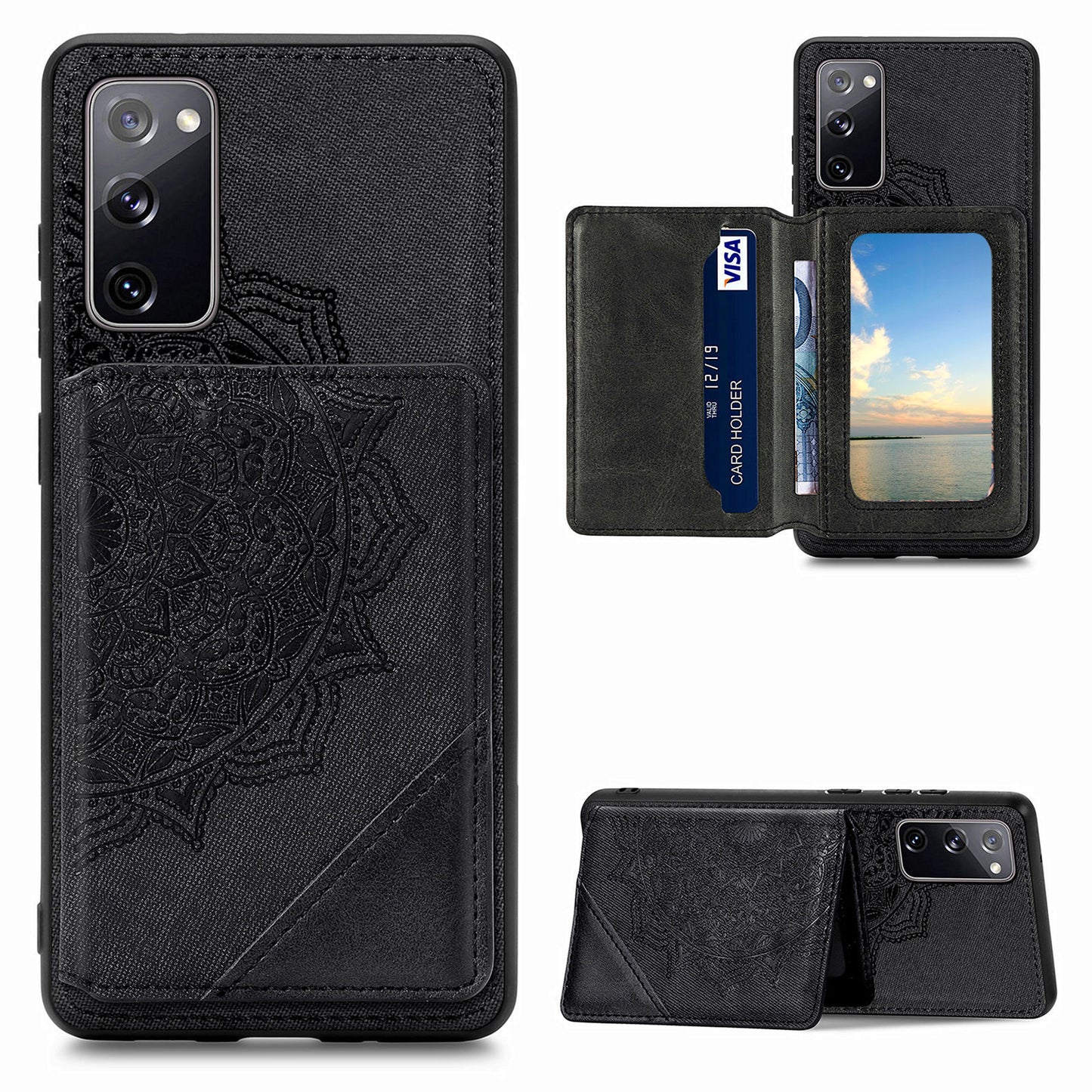 Mandala Flower Pattern PU Leather+TPU Flip Wallet Phone Case for Samsung Galaxy S20 FE 4G/FE 5G/S20 Lite/S20 FE 2022 - Black