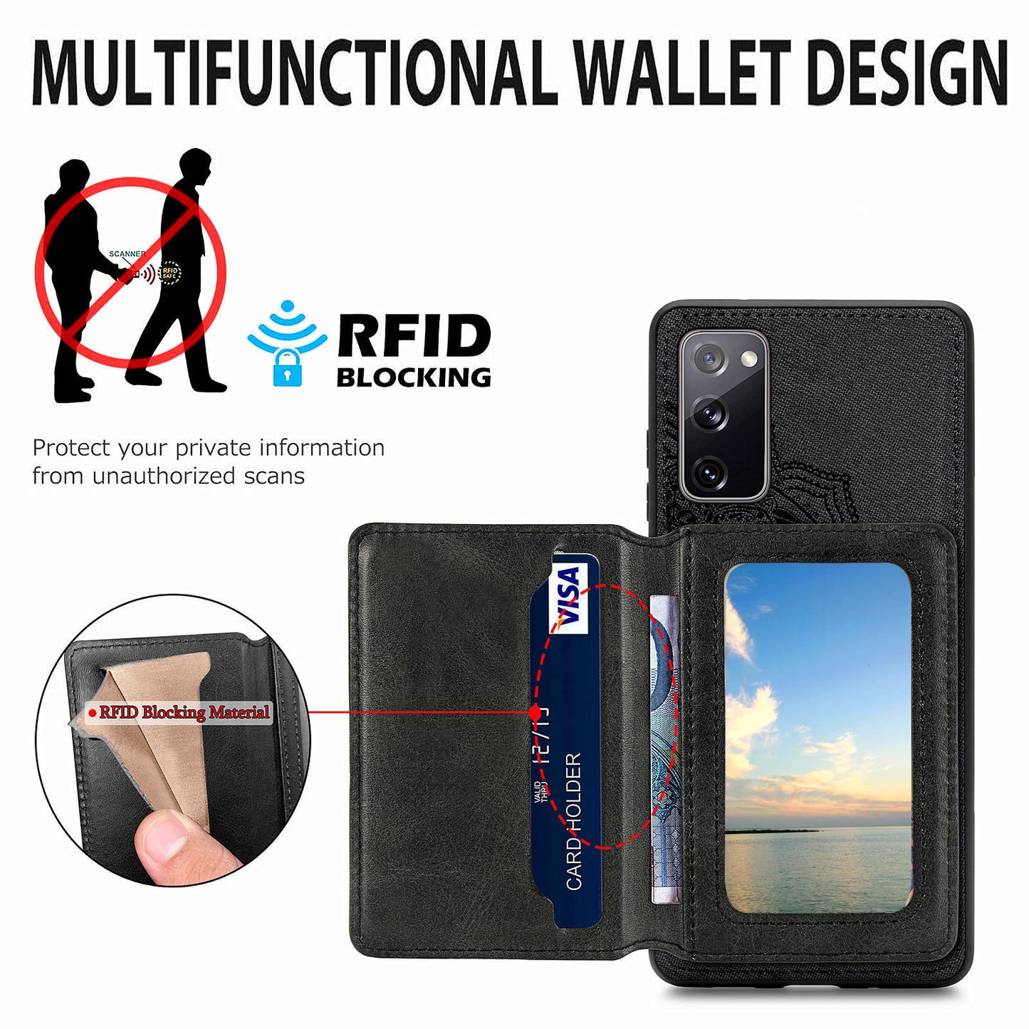 Mandala Flower Pattern PU Leather+TPU Flip Wallet Phone Case for Samsung Galaxy S20 FE 4G/FE 5G/S20 Lite/S20 FE 2022 - Black